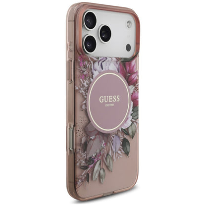 Coque MagSafe pour Apple iPhone 18 Pro Max / 17 Pro Max, Guess, IML Flowers with Pearl Strap, rose