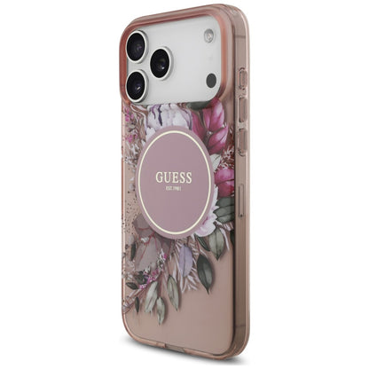Coque MagSafe pour Apple iPhone 18 Pro Max / 17 Pro Max, Guess, IML Flowers with Pearl Strap, rose