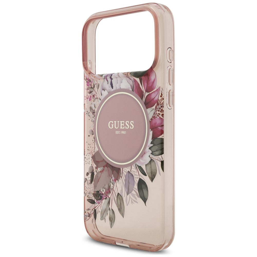 Coque MagSafe pour Apple iPhone 18 Pro Max / 17 Pro Max, Guess, IML Flowers with Pearl Strap, rose