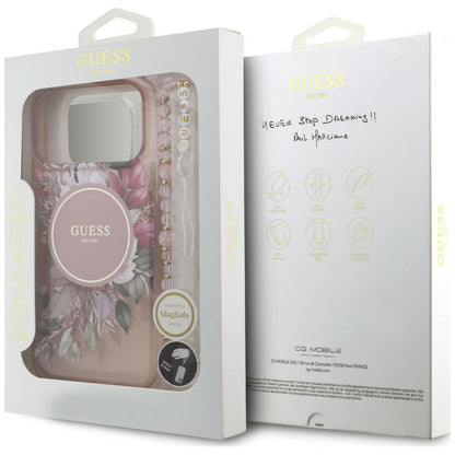 Coque MagSafe pour Apple iPhone 18 Pro Max / 17 Pro Max, Guess, IML Flowers with Pearl Strap, rose