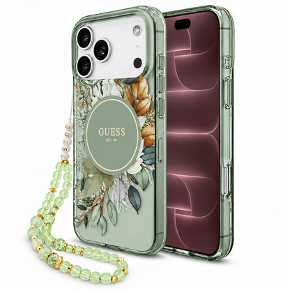 Coque MagSafe pour Apple iPhone 18 Pro Max / 17 Pro Max, Guess, IML Flowers with Pearl Strap, verte