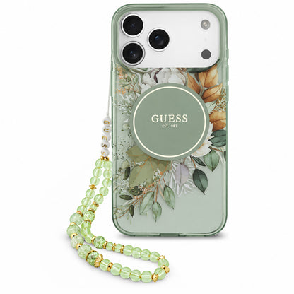 Coque MagSafe pour Apple iPhone 18 Pro Max / 17 Pro Max, Guess, IML Flowers with Pearl Strap, verte