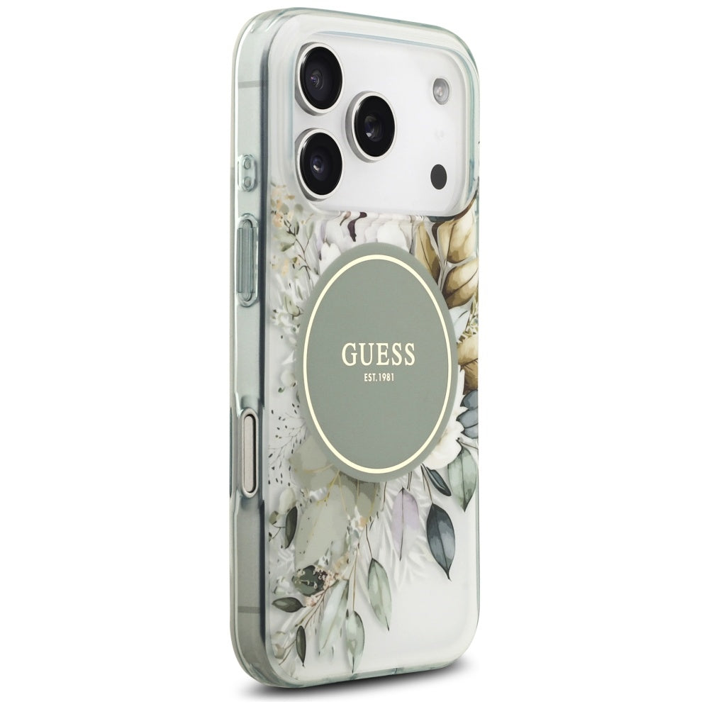 Coque MagSafe pour Apple iPhone 18 Pro Max / 17 Pro Max, Guess, IML Flowers with Pearl Strap, verte