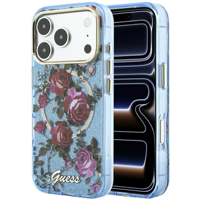 Coque MagSafe pour Apple iPhone 18 Pro Max / 17 Pro Max, Guess, IML Glitter Blossom Roses, Bleu