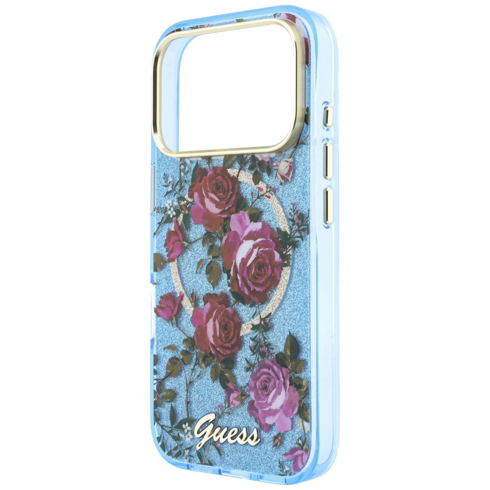 Coque MagSafe pour Apple iPhone 18 Pro Max / 17 Pro Max, Guess, IML Glitter Blossom Roses, Bleu