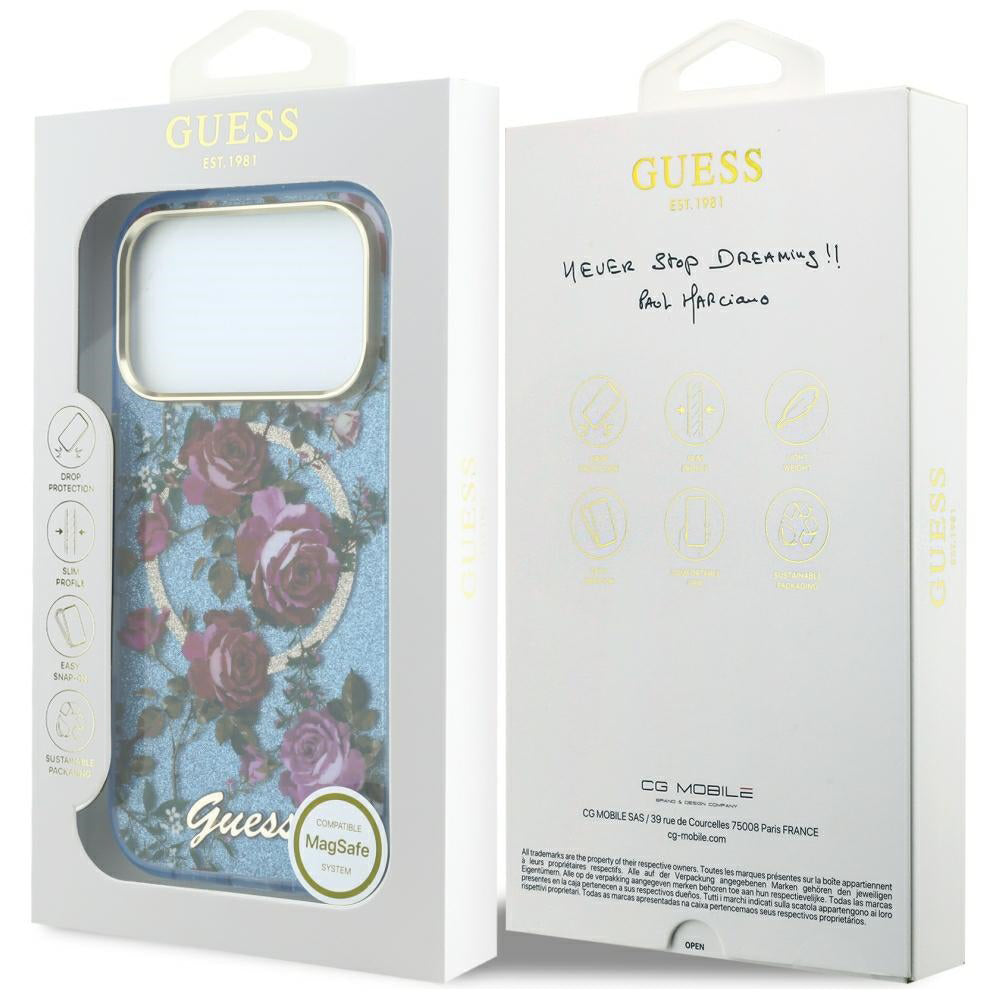 Coque MagSafe pour Apple iPhone 18 Pro Max / 17 Pro Max, Guess, IML Glitter Blossom Roses, Bleu