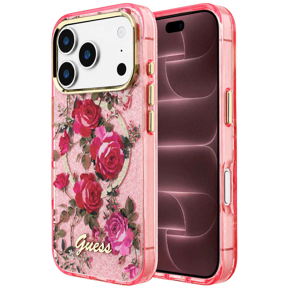 MagSafe Case for Apple iPhone 18 Pro Max / 17 Pro Max, Guess, IML Glitter Blossom Roses, Pink