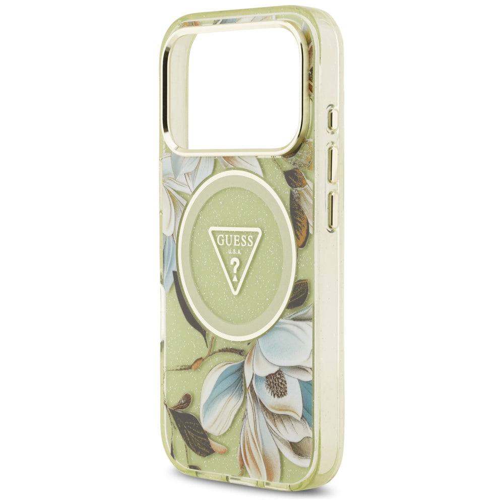 MagSafe Case for Apple iPhone 18 Pro Max / 17 Pro Max, Guess, IML Metal Glitter Flowers Triangle, Green