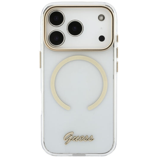 Coque MagSafe pour Apple iPhone 18 Pro Max / 17 Pro Max, Guess, IML Script Metal, transparente