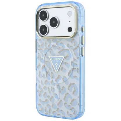 Coque MagSafe pour Apple iPhone 18 Pro Max / 17 Pro Max, Guess, Logo Triangle Paillettes Léopard, Bleu