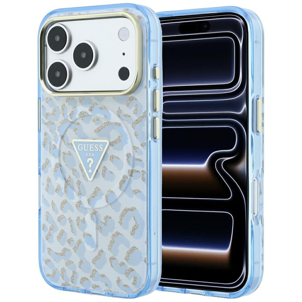 Coque MagSafe pour Apple iPhone 18 Pro Max / 17 Pro Max, Guess, Logo Triangle Paillettes Léopard, Bleu
