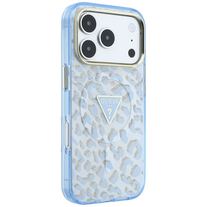 Coque MagSafe pour Apple iPhone 18 Pro Max / 17 Pro Max, Guess, Logo Triangle Paillettes Léopard, Bleu