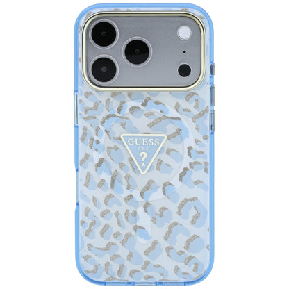 Coque MagSafe pour Apple iPhone 18 Pro Max / 17 Pro Max, Guess, Logo Triangle Paillettes Léopard, Bleu