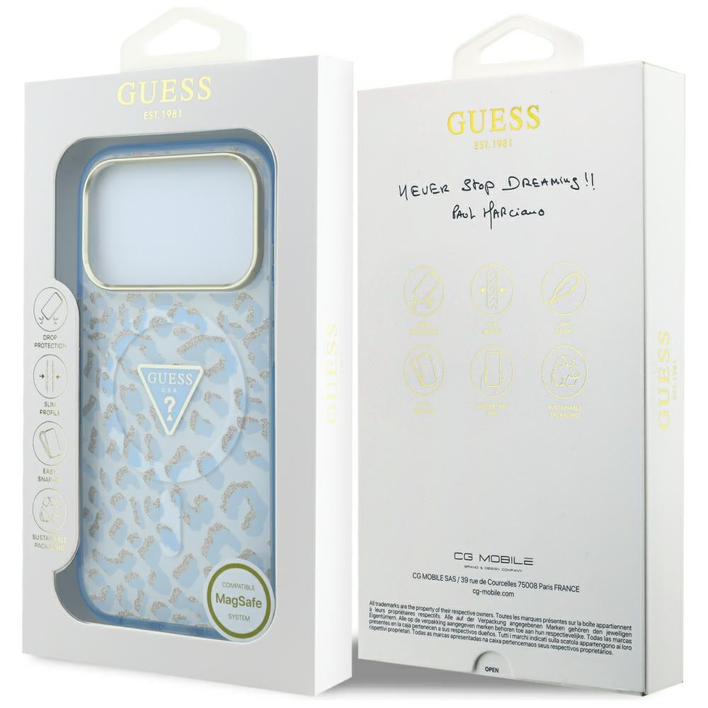 Coque MagSafe pour Apple iPhone 18 Pro Max / 17 Pro Max, Guess, Logo Triangle Paillettes Léopard, Bleu