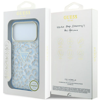 Coque MagSafe pour Apple iPhone 18 Pro Max / 17 Pro Max, Guess, Logo Triangle Paillettes Léopard, Bleu