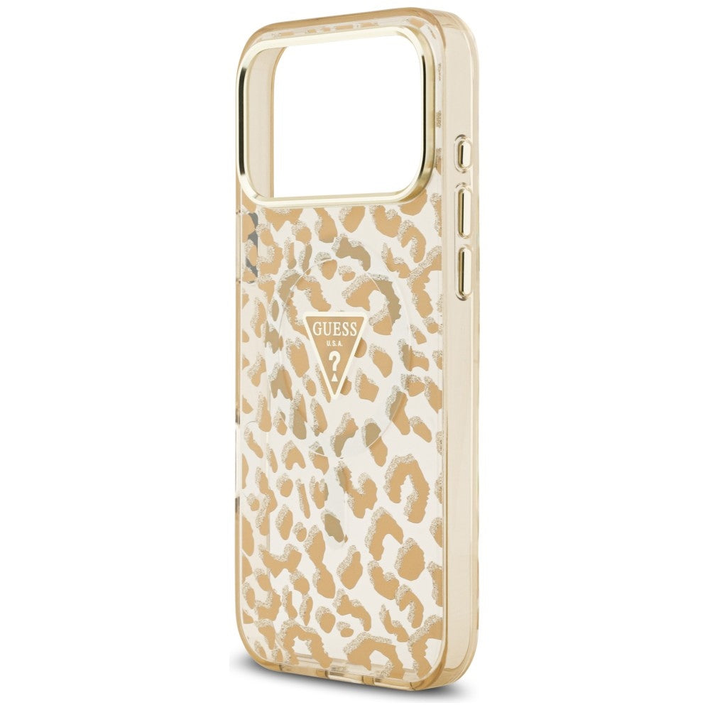 Coque MagSafe pour Apple iPhone 18 Pro Max / 17 Pro Max, Guess, Logo Triangle Paillettes Léopard, Marron