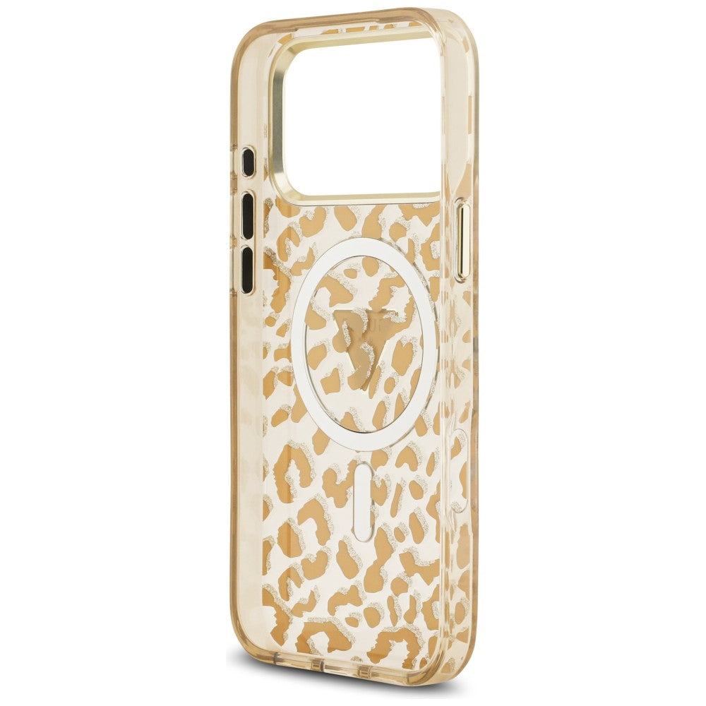 Coque MagSafe pour Apple iPhone 18 Pro Max / 17 Pro Max, Guess, Logo Triangle Paillettes Léopard, Marron