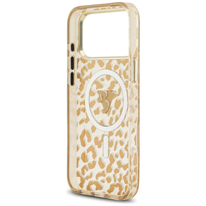 Coque MagSafe pour Apple iPhone 18 Pro Max / 17 Pro Max, Guess, Logo Triangle Paillettes Léopard, Marron