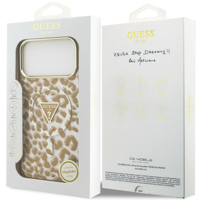 Coque MagSafe pour Apple iPhone 18 Pro Max / 17 Pro Max, Guess, Logo Triangle Paillettes Léopard, Marron