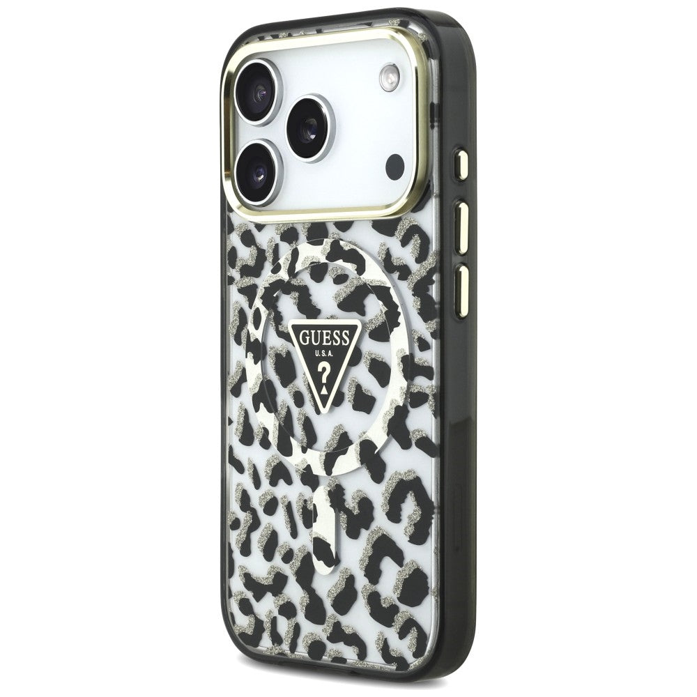 Coque MagSafe pour Apple iPhone 18 Pro Max / 17 Pro Max, Guess, Logo Triangle Paillettes Léopard, Noire