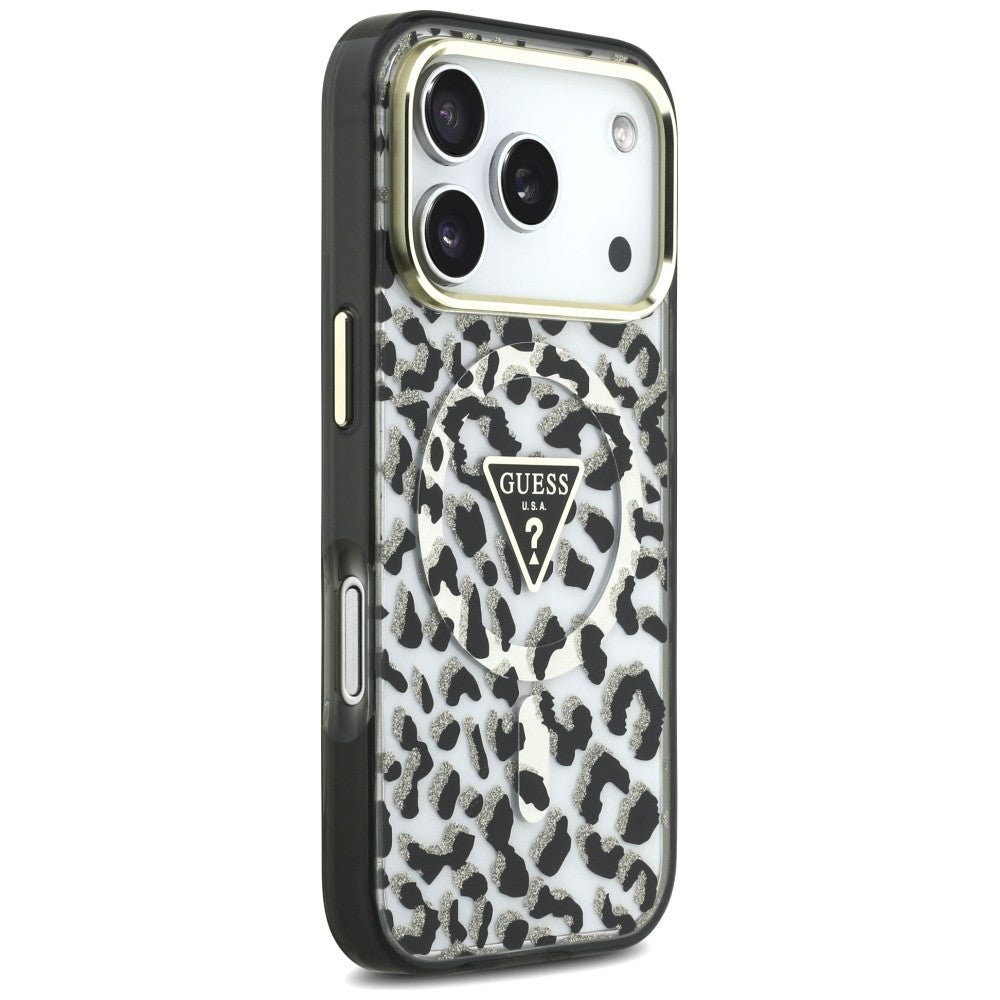Coque MagSafe pour Apple iPhone 18 Pro Max / 17 Pro Max, Guess, Logo Triangle Paillettes Léopard, Noire