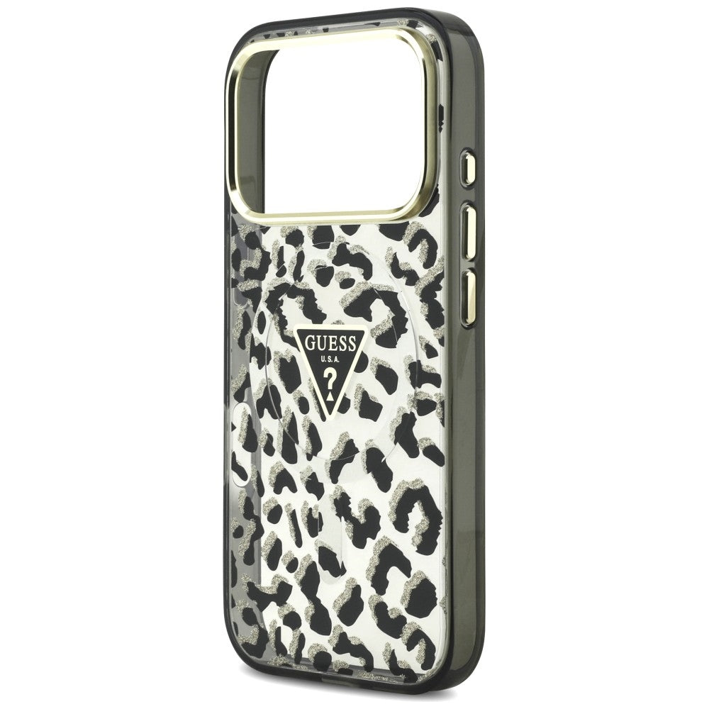 Coque MagSafe pour Apple iPhone 18 Pro Max / 17 Pro Max, Guess, Logo Triangle Paillettes Léopard, Noire