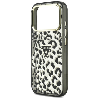 Coque MagSafe pour Apple iPhone 18 Pro Max / 17 Pro Max, Guess, Logo Triangle Paillettes Léopard, Noire