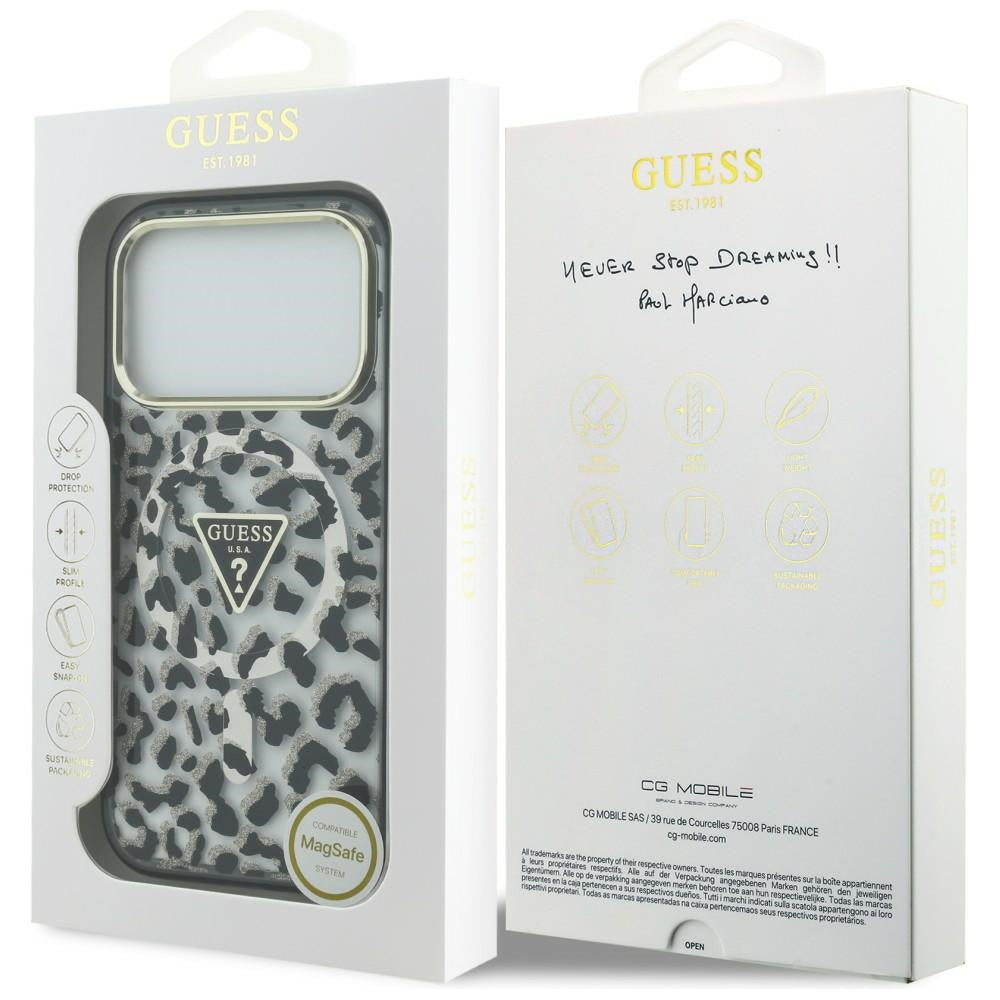 Coque MagSafe pour Apple iPhone 18 Pro Max / 17 Pro Max, Guess, Logo Triangle Paillettes Léopard, Noire