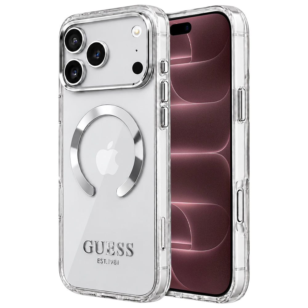 Coque MagSafe pour Apple iPhone 18 Pro Max / 17 Pro Max, Guess, Contour Métallique, Argentée