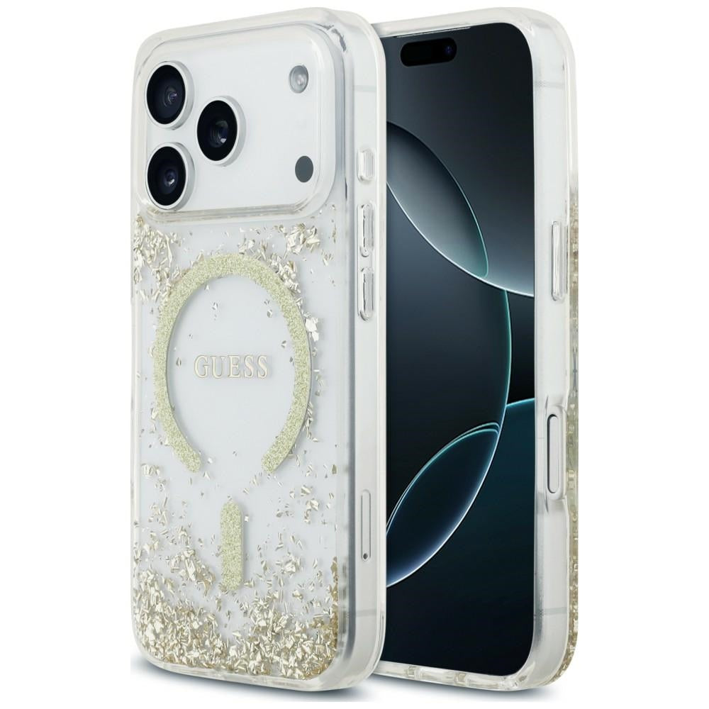 Coque MagSafe pour Apple iPhone 18 Pro Max / 17 Pro Max, Guess, Fond en Résine Pailleté, Dorée