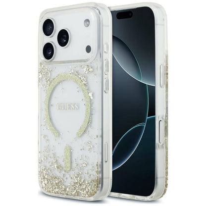 Coque MagSafe pour Apple iPhone 18 Pro Max / 17 Pro Max, Guess, Fond en Résine Pailleté, Dorée