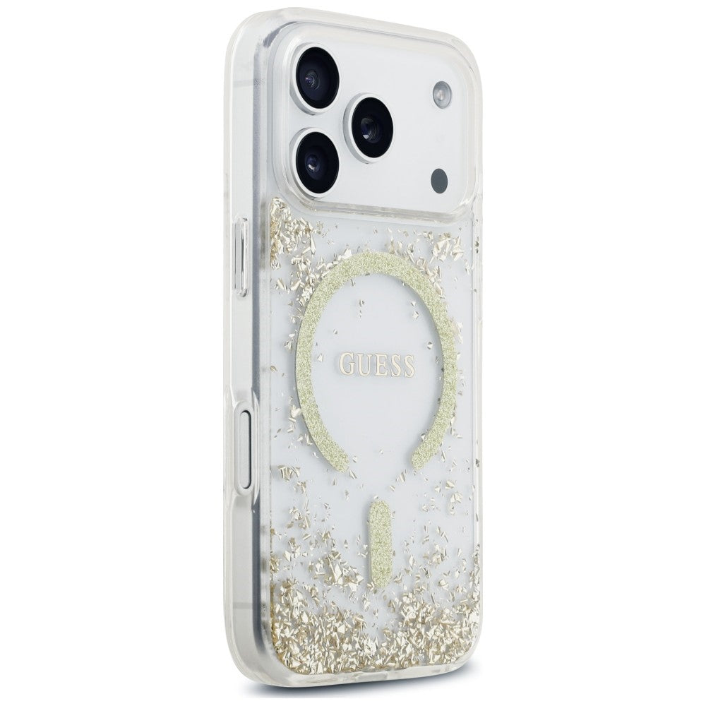 Coque MagSafe pour Apple iPhone 18 Pro Max / 17 Pro Max, Guess, Fond en Résine Pailleté, Dorée