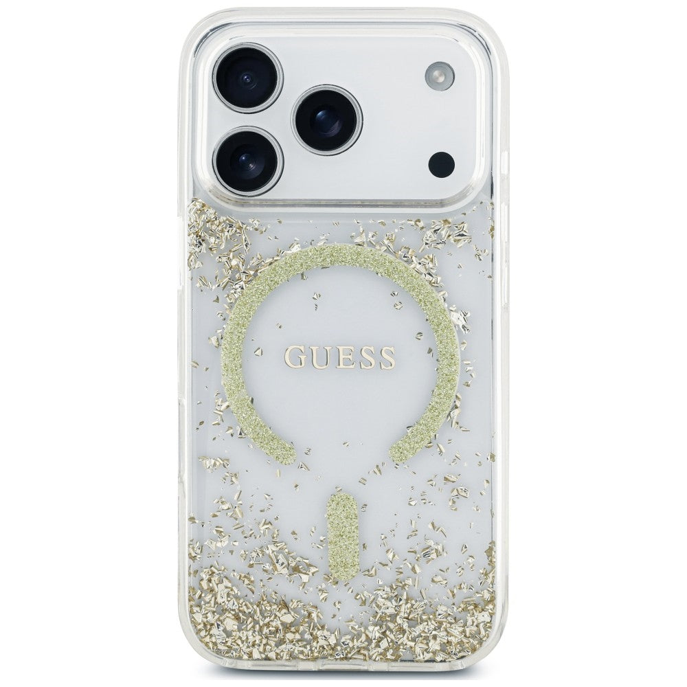 Coque MagSafe pour Apple iPhone 18 Pro Max / 17 Pro Max, Guess, Fond en Résine Pailleté, Dorée