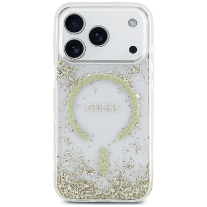 Coque MagSafe pour Apple iPhone 18 Pro Max / 17 Pro Max, Guess, Fond en Résine Pailleté, Dorée
