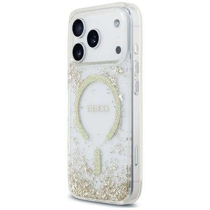 Coque MagSafe pour Apple iPhone 18 Pro Max / 17 Pro Max, Guess, Fond en Résine Pailleté, Dorée