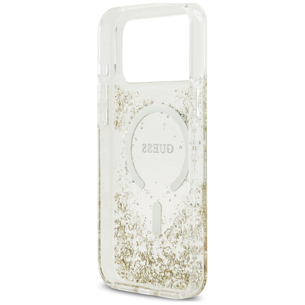 Coque MagSafe pour Apple iPhone 18 Pro Max / 17 Pro Max, Guess, Fond en Résine Pailleté, Dorée