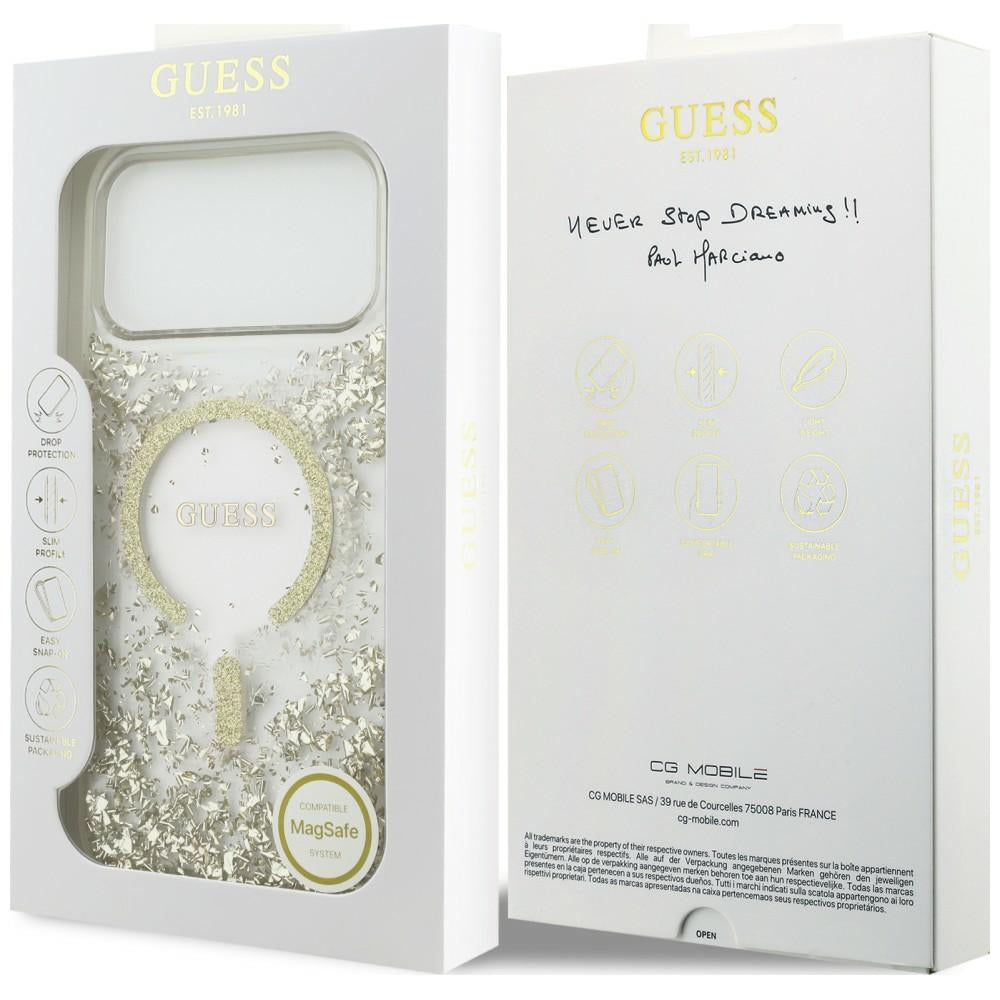 Coque MagSafe pour Apple iPhone 18 Pro Max / 17 Pro Max, Guess, Fond en Résine Pailleté, Dorée