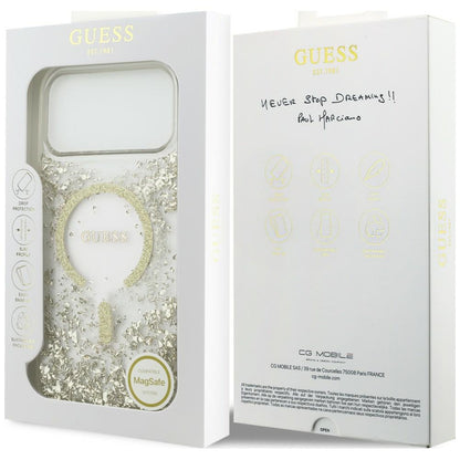 Coque MagSafe pour Apple iPhone 18 Pro Max / 17 Pro Max, Guess, Fond en Résine Pailleté, Dorée