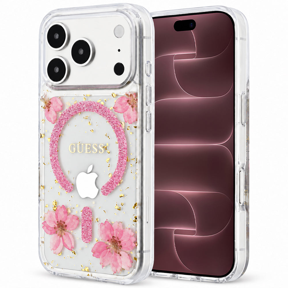 Coque MagSafe pour Apple iPhone 18 Pro Max / 17 Pro Max, Guess, fleurs en résine et paillettes, rose