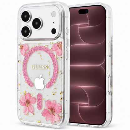 Coque MagSafe pour Apple iPhone 18 Pro Max / 17 Pro Max, Guess, fleurs en résine et paillettes, rose