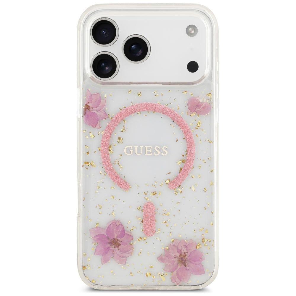 Coque MagSafe pour Apple iPhone 18 Pro Max / 17 Pro Max, Guess, fleurs en résine et paillettes, rose
