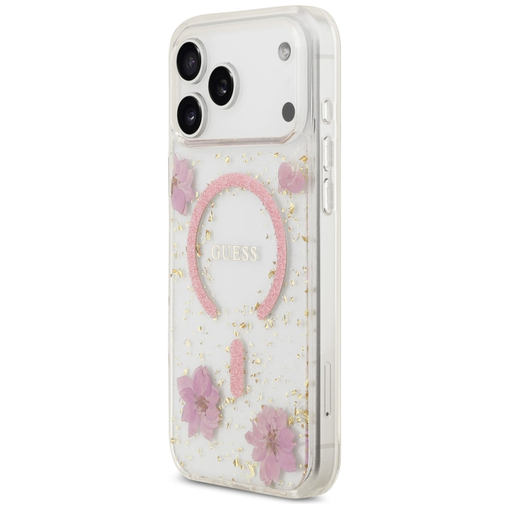 Coque MagSafe pour Apple iPhone 18 Pro Max / 17 Pro Max, Guess, fleurs en résine et paillettes, rose