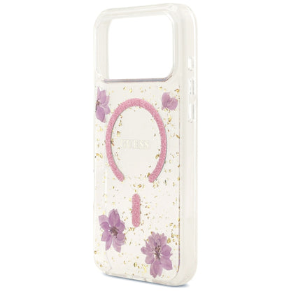 Coque MagSafe pour Apple iPhone 18 Pro Max / 17 Pro Max, Guess, fleurs en résine et paillettes, rose