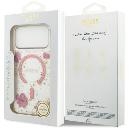 Coque MagSafe pour Apple iPhone 18 Pro Max / 17 Pro Max, Guess, fleurs en résine et paillettes, rose