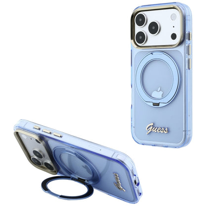 Coque MagSafe pour Apple iPhone 18 Pro Max / 17 Pro Max, Guess, Support Anneau Logo Métal Script, Bleu