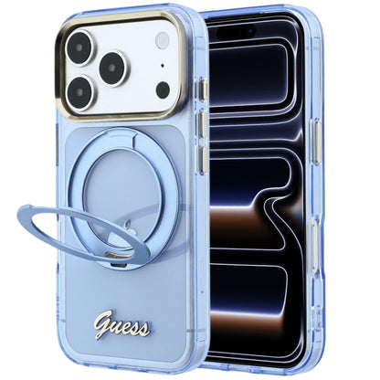 Coque MagSafe pour Apple iPhone 18 Pro Max / 17 Pro Max, Guess, Support Anneau Logo Métal Script, Bleu