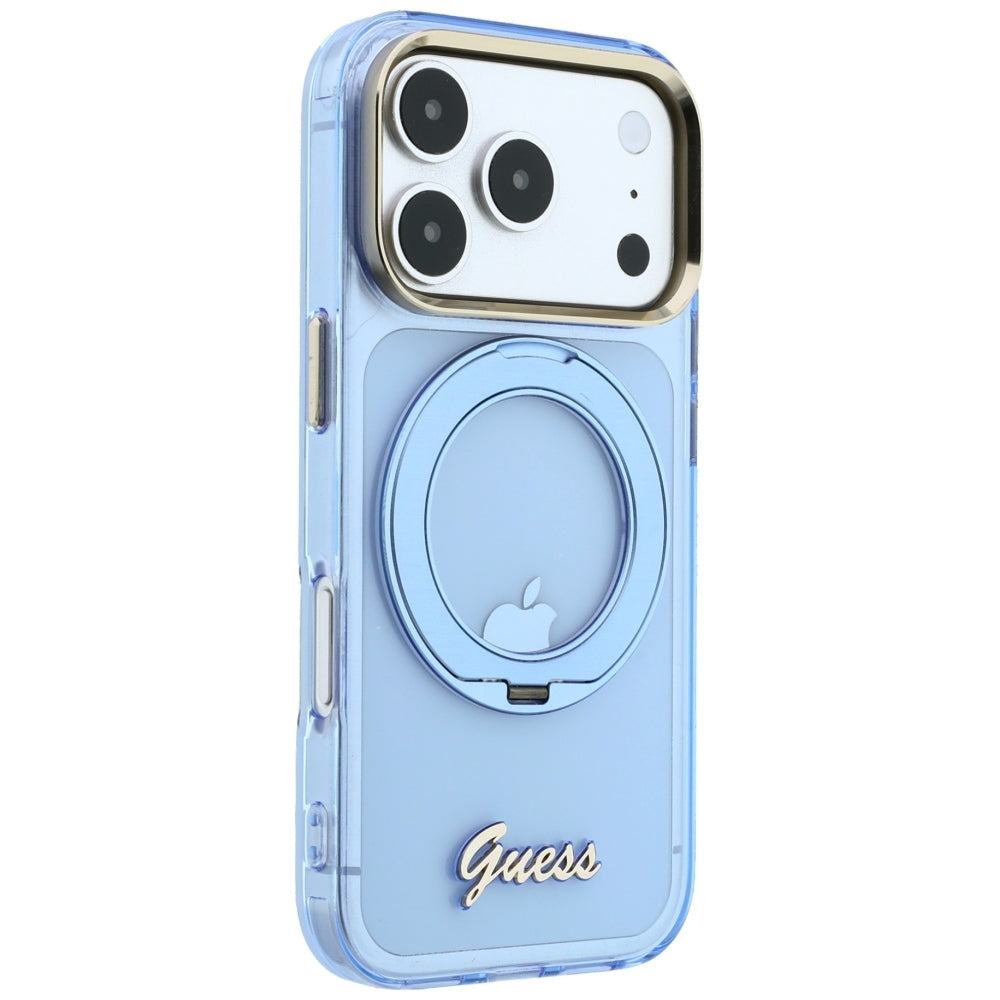 Coque MagSafe pour Apple iPhone 18 Pro Max / 17 Pro Max, Guess, Support Anneau Logo Métal Script, Bleu