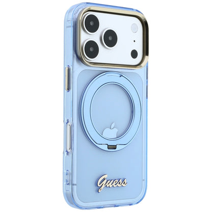 Coque MagSafe pour Apple iPhone 18 Pro Max / 17 Pro Max, Guess, Support Anneau Logo Métal Script, Bleu