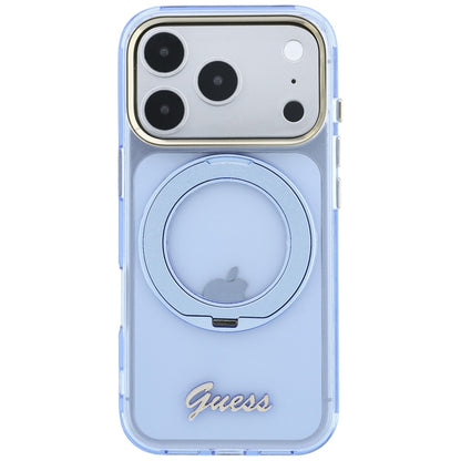Coque MagSafe pour Apple iPhone 18 Pro Max / 17 Pro Max, Guess, Support Anneau Logo Métal Script, Bleu