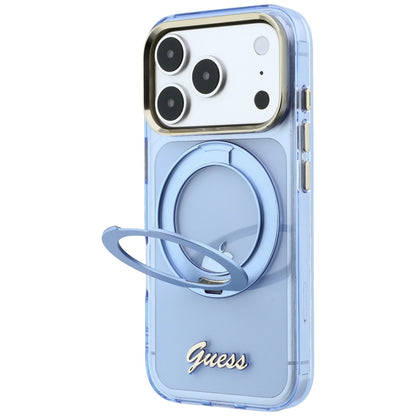 Coque MagSafe pour Apple iPhone 18 Pro Max / 17 Pro Max, Guess, Support Anneau Logo Métal Script, Bleu